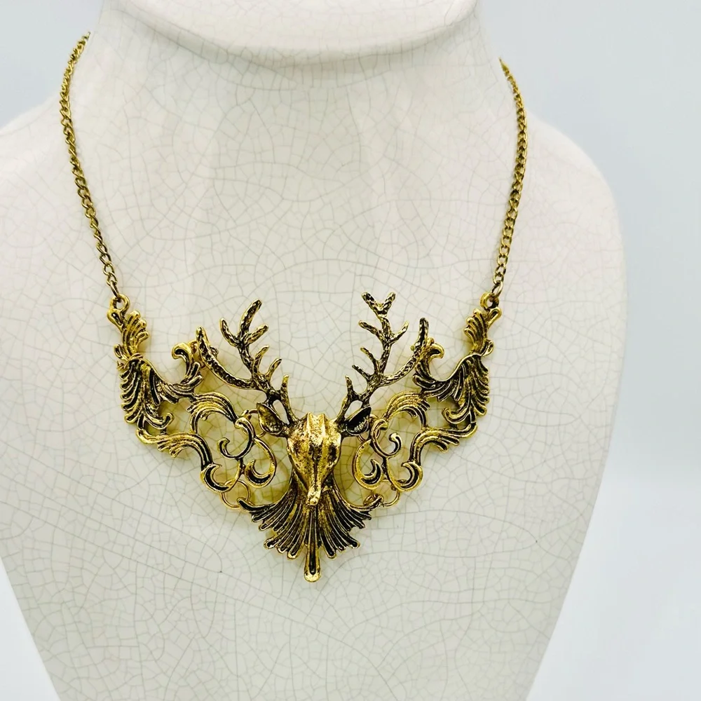 Stag of the Woods Deer Gold Tone statement necklace - Picture 1 of 13